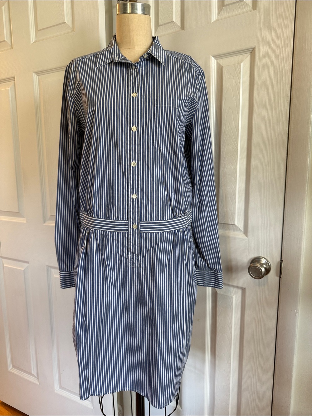Banana Republic Long-Sleeve Striped Button-Front Shirt Dress in Blue and White